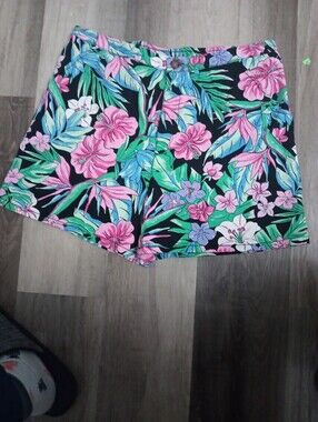Vintage Wild Fable Women's Tropical Floral ChinoShorts - Black with Pink & Green